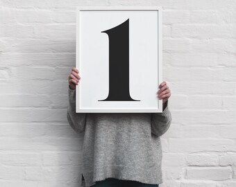 Big number 1 - instant download printable wall art - black white minimalist monochrome typographic alphabet numeric poster