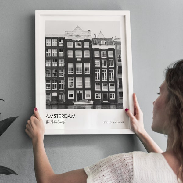 Amsterdam - instant download printable wall art - black and white photo city image with lat long details