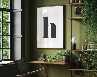 Big initial letter h - instant download printable wall art - black white minimalist monochrome typographic alphabet letter poster