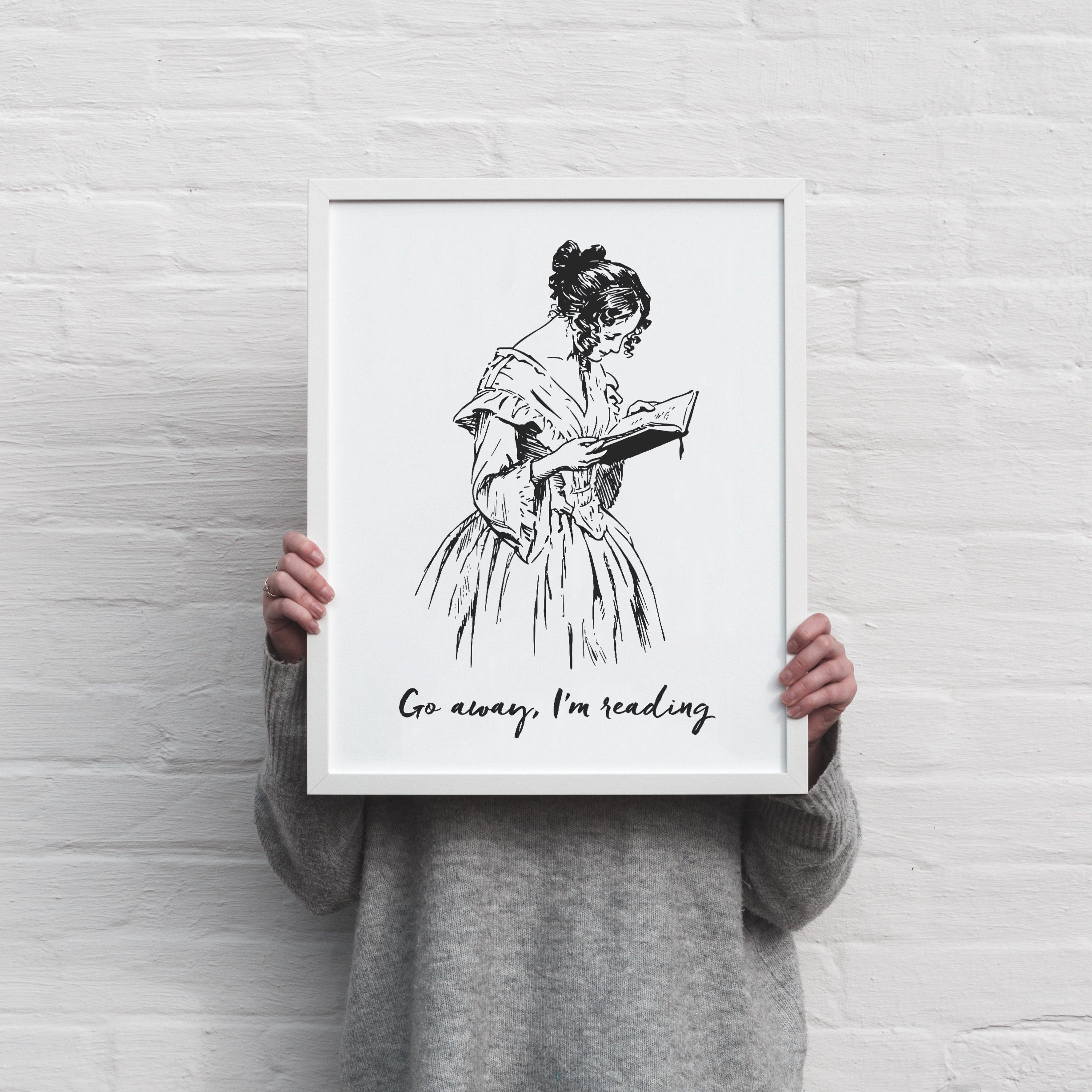 Go away I'm reading - instant download printable wall art - black and white illustrated poster - book lover high resolution print