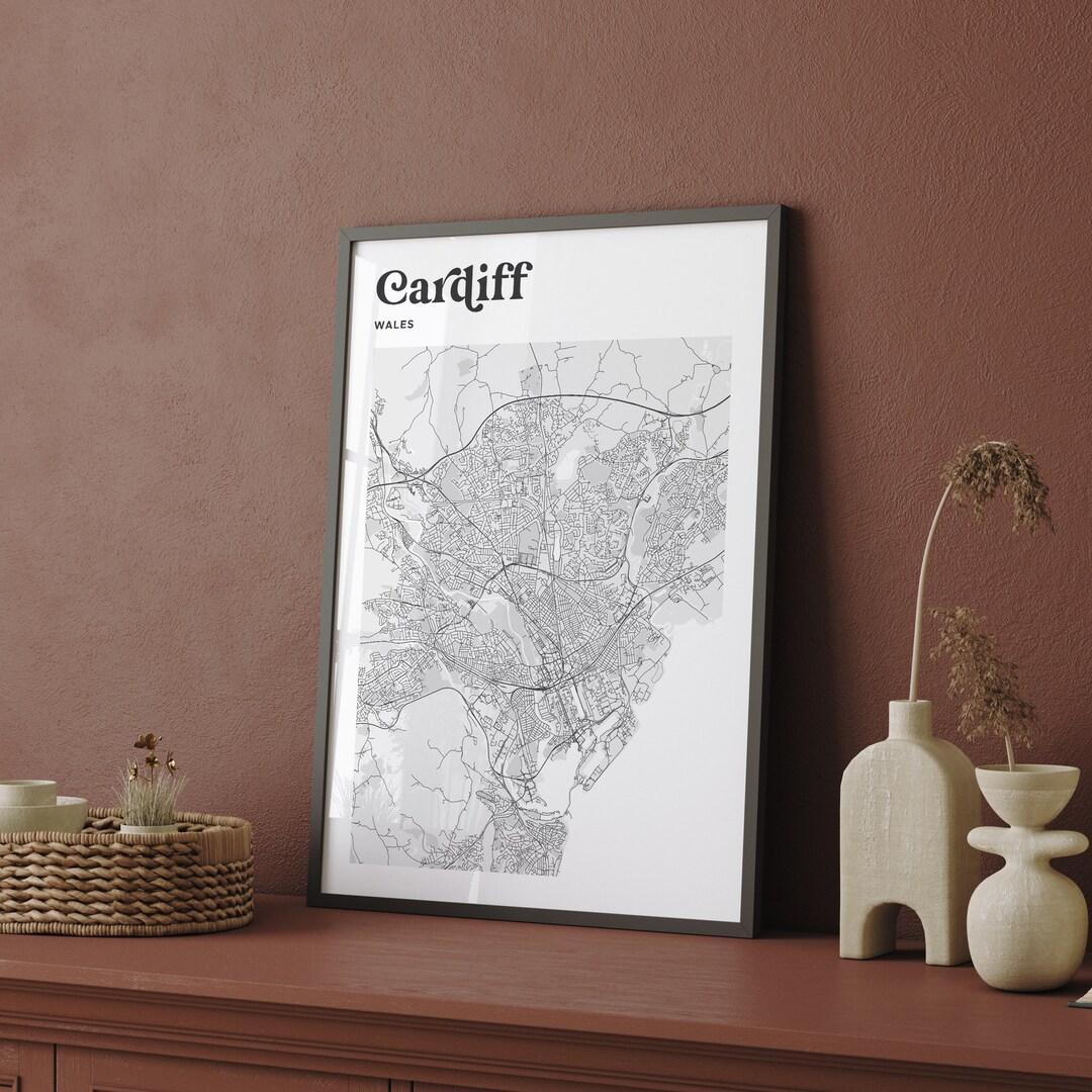 Map of Cardiff Instant Download Printable Wall Art Black and White