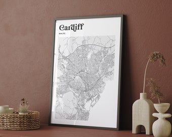 Map of Cardiff - instant download printable wall art - black and white minimalist monochrome line mapping poster