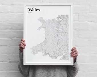 Map of Wales - instant download printable wall art - black and white minimalist monochrome line mapping poster