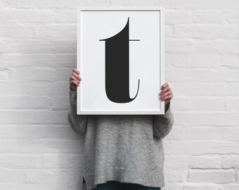 Big initial letter t - instant download printable wall art - black white minimalist monochrome typographic alphabet letter poster