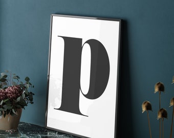 Big initial letter p - instant download printable wall art - black white minimalist monochrome typographic alphabet letter poster