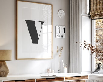 Big initial letter v - instant download printable wall art - black white minimalist monochrome typographic alphabet letter poster