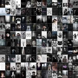 May include: A black and white collage of images with a dark and mysterious theme. The images include a skull, a spider web, a forest, a ghost, a hand, a cat, a window, and a door. The text "They're Here" is visible in the bottom right corner.