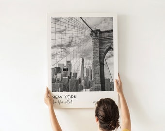 New York NY - arte da parete stampabile con download istantaneo - immagine fotografica della città in bianco e nero con dettagli lat lunghi