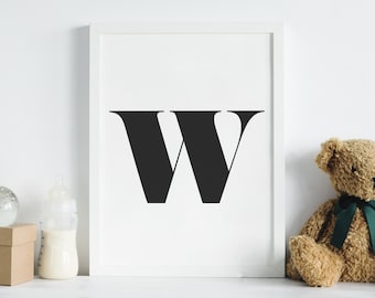 Big initial letter w - instant download printable wall art - black white minimalist monochrome typographic alphabet letter poster