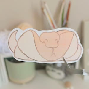 May include: A sticker featuring a coiled snake illustration. The snake is depicted in shades of beige and light brown, with a detailed outline. The sticker is being held by a pair of silver tweezers.