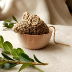 May include: A handmade, crocheted mouse in a small wooden bowl. The mouse is brown with small ears and a long tail. The bowl is light brown, and the background is a soft, neutral color. Green leaves are in the foreground.
