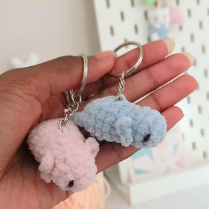 May include: Two small, plush, crocheted axolotl keychains, one in light pink and one in light blue, each featuring a silver metal keyring and chain. The soft, textured yarn figures have small dark eyes and external gills on the sides of their heads.