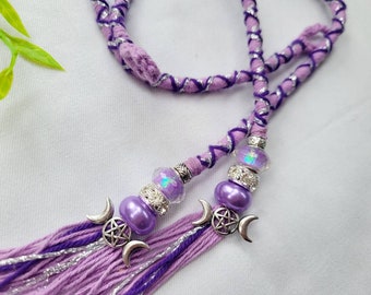 Pentagram Triple Moon Witchy Hair Wrap Extension in Purples and silver. Fairy Lock Dread Accessory