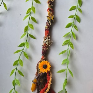 Long Sunflower and Honey Jade Crystal Hair Wrap with Bee, Butterfly,  Sunflower and Gem Stone Charms in Earthy Autumn Tones