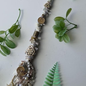 Ammonite Fossil, Crystal, Cowrie Shell Fairy Lock Hair Wrap Extension . Hippie Dreadlock Extension. Long beaded beige, brown bohemian dread