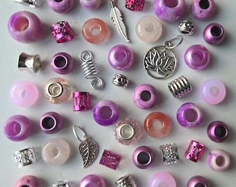 40 Mixed Pinks Dreadlock Bead Pack, with Rose Quartz & Strawberry Quartz Crystal Gemstones, Pendants, with Beads and Cuffs