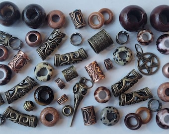 50x Viking Bronze and Browns Mega Dread Bead Pack, Jasper & Tigers Eye Crystals, Runes, Cuffs and Raven Skull and Pentagram