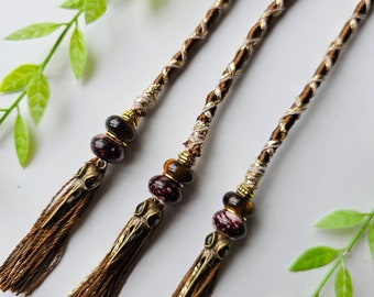 Viking Style Raven Bird Skull Pagan Hair Wrap, with Tigers Eye Crystal Gemstone, Fairy Lock Dread Extension in Brown, Gold & Bronze tones