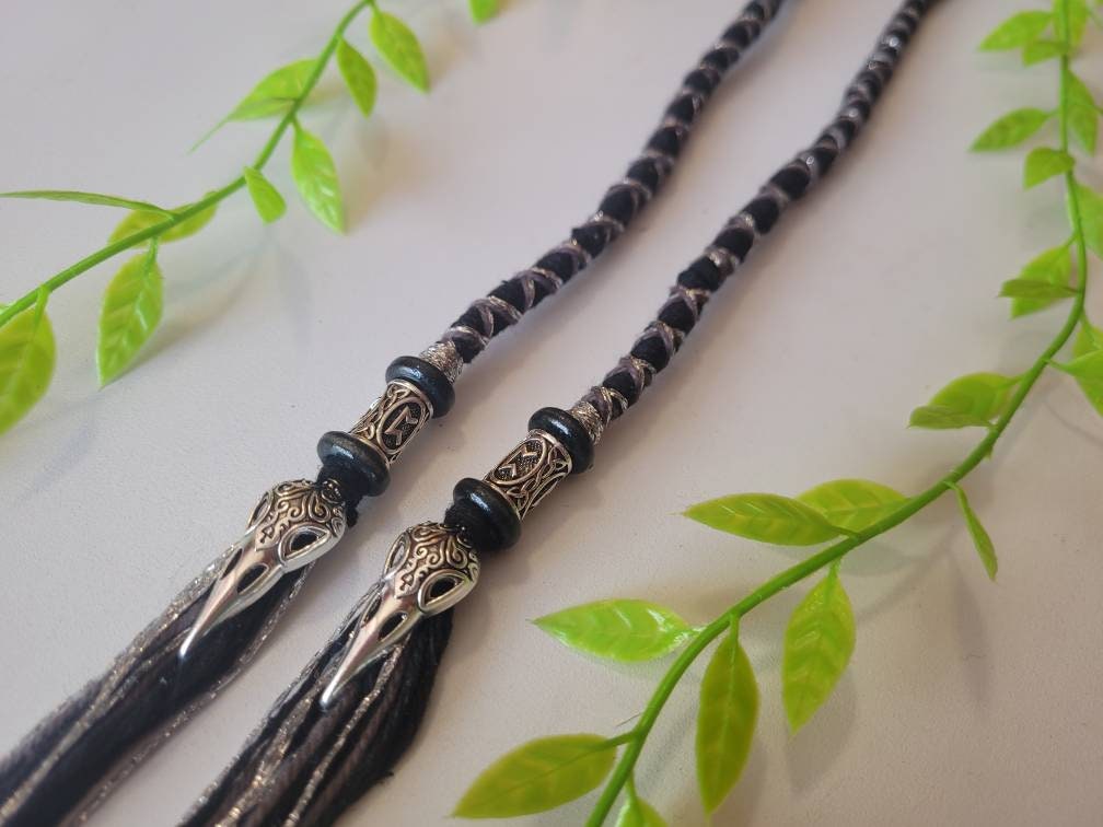 Viking Pagan Style Raven Skull and Rune Hair Wrap Extension in Black and Silver