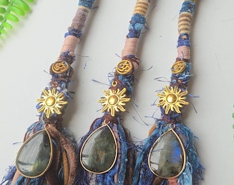 Labradorite Crystal Hair Wrap Extension.  Warm mixed Earthy Tones. Hippie Style Fairy Lock Dread Extension