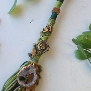 Agate Druzy Crystal Hair Wrap, Green Fairy Loc Extension with Om, Sun and Moon Charms and Gem Stone Pendant