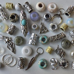 Elven Inspired 40 x Dread Bead Pack. Mixed Crystal Gem Stones, Cuffs, Beads, Witchy, Pagan, Goddess and Fae Charms and Dreadlock Beads