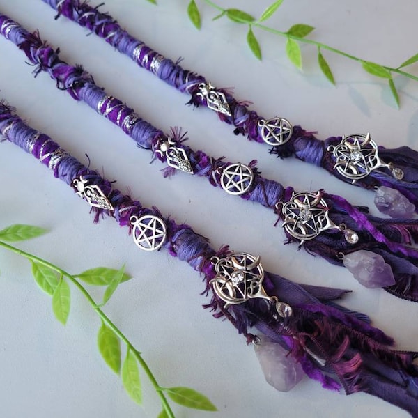 Long Amethyst Crystal Hair Wrap with Triple Moon, Goddess and Pentagram Charms. Deep mixed dark purple, Witchy Gem StoneFairy Loc