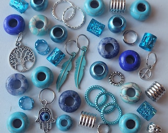 40 Blue Dread Bead mega pack with Sodalite & Turquoise Crystal Gemstones, mixed Beads, Cuffs and Charms