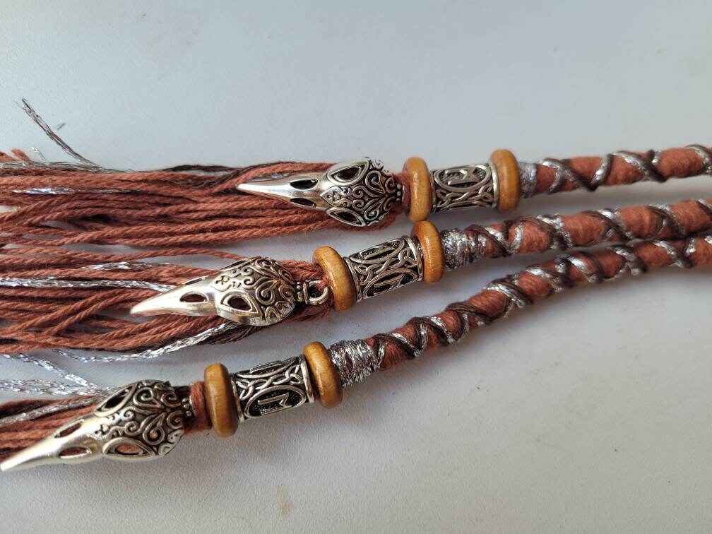 Viking Style Rune & Raven Bird Skull Pagan Hair Wrap, Fairy Lock Dread Extension in Brown and Silver tones