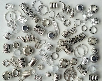 64x Silver Mega Dread Bead Pack with Snakes, Beads, Cuffs, Coils and Charms. Braid and Dreadlock Bead