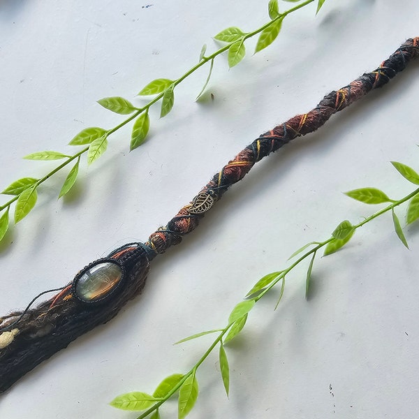 Leaf Charm & Macrame Labradorite Hair Wrap Extension. Brown and Black Dreadlock Extension. Crystal Gem Stone Dread Accessory.