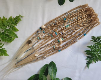 12 Ocean inspired Blonde X-Long Ombre Dread Extensions, Opalite & Turquoise Crystal Gemstones, Cowrie Shells, Cuffs, Braids, Charms,  Beads