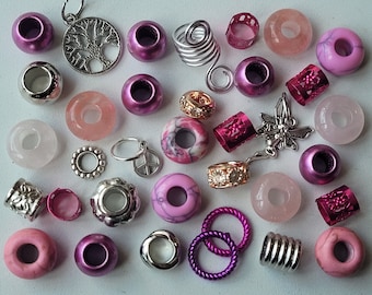 Mixed Pinks Dreadlock Bead Pack, with Rose Quartz & Strawberry Quartz Crystal Gemstones, Pendants, with 36 Beads and Rings