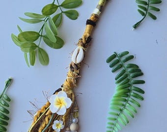 Cowrie Shell, Frangipani & Jasper hand Beaded Hair Wrap Extension. Beachy, Hippie Dread Wrap Dreadlock Extension, yellow earthy colours.