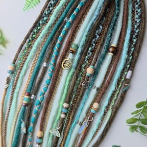 24 20-24inch Dreadlock Pony Tail. Long Aqua Teal Brown Dread Extensions, Braids, Twists. Opalite, Agate, Tigers Eye and Howlite crystals