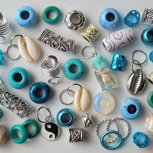 Aquamarine 40 Dread Bead Pack, w Cowrie Shells, Opalite, Turquoise, Agate Gem stones. Beachy Dreadlock Beads and cuffs. Crystal Braid Beads
