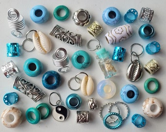 Aquamarine 40 Dread Bead Pack, w Cowrie Shells, Opalite, Turquoise, Agate Gem stones. Beachy Dreadlock Beads and cuffs. Crystal Braid Beads