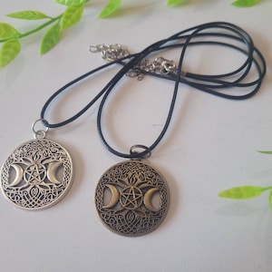 Pentagramm Baum des Lebens Dreibettzimmer Mond Phase Anhänger Halskette Hexe Wicca Style Silber oder Bronze Vegan Leder
