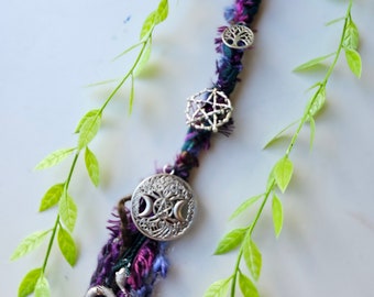 Long Witchy Hair Wrap with Snake Triple Moon, Tree of Life and Pentagram Charms. Deep mixed dark purple and teal Fairy Loc Dread Extension