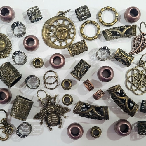 40 Bronze Dread Bead Pack, with Beads, Cuffs and Charms. Dreadlock and Braid Bead Pack. Tribal, Hippie, Viking Style. Hair Cuffs & Pendants