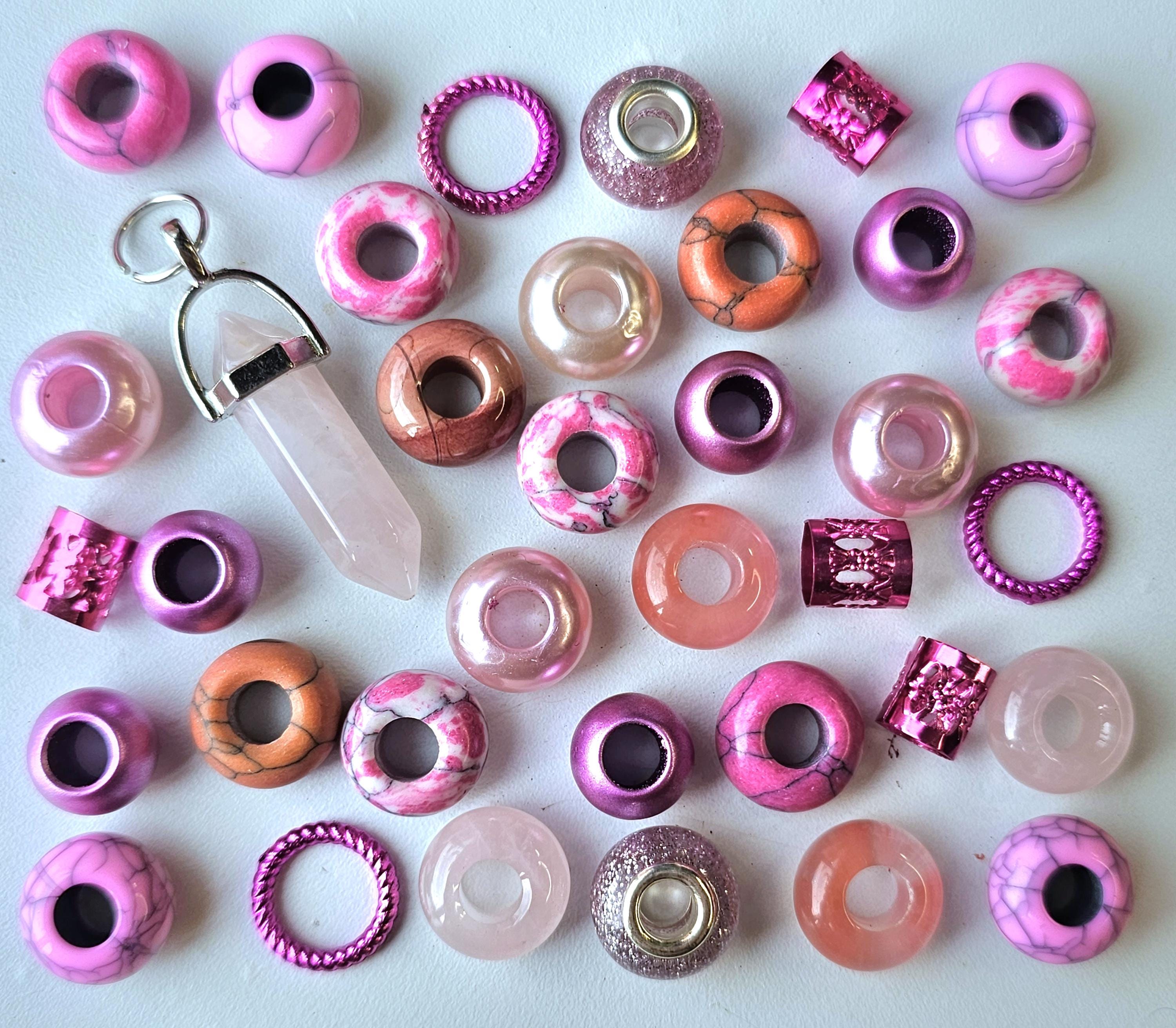 Mixed Pinks Dreadlock Bead Pack, with Rose Quartz & Strawberry Quartz Crystal Gemstones, Pendants, with 36 Beads and Rings