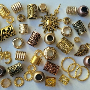 Golden Dreadlock 45 Bead Pack with Runes, Leaf & Om Pendant and mixed Gold Beads and Cuffs