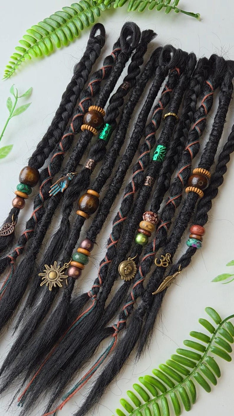 String Dreadlocks Short Black Earthy Dreadlock Extensions, Mixed Crystals, Cuffs, Beads ...