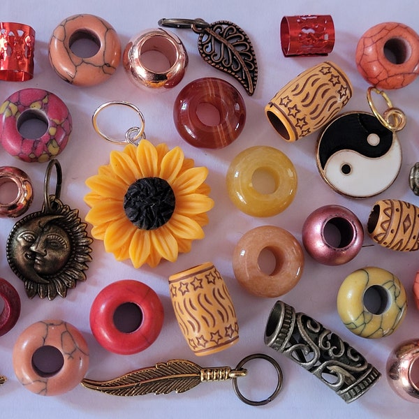 Autumn Sunshine 36 Dread Bead Pack with Jasper, Carnelian & Honey Jade Crystal Gem Stones, Sunflower, Yin Yang, Leaf, Sun and Moon Charms