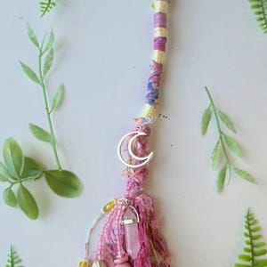Hand Beaded Rainbow Pink Pastel Hair Wrap with Charms Fairy Lock Dread Extension. Festival hippie Style dreadlock. 40cm. Rose Quartz Crystal