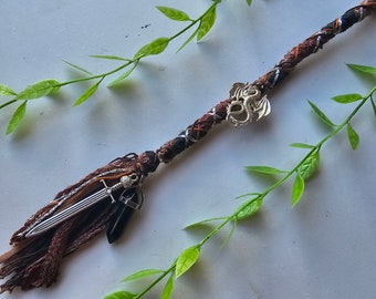 Earthy Browns Viking Style Fairy Lock Hair Wrap. Sword and Dragon Charms with Onyx Crystal. Black and Brown Dreadlock Extension