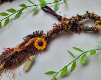 Sunflower and Honey Jade Crystal Hair Wrap, Fairy Lock Dread Extension Butterfly Charm in Earthy Autumn Tones