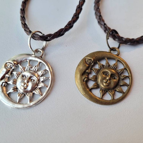 Bronze or Silver Sun and Moon Necklace Boho Hippie Style Vegan Leather