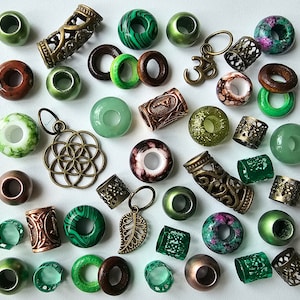 42 Crystal, Green & Bronze Dreadlock Bead Pack with Aventurine, Malachite, Ruby Zionite and Jasper Gem Stones, Charms, Beads and Cuffs.