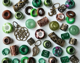 42 Crystal, Green & Bronze Dreadlock Bead Pack with Aventurine, Malachite, Ruby Zionite and Jasper Gem Stones, Charms, Beads, Cuffs